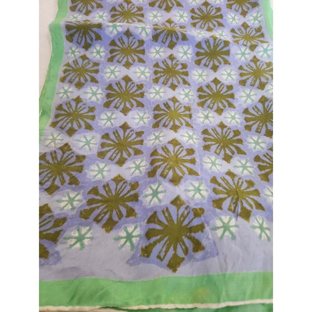 Vintage Vera Neumann Silk Scarf HandRolled Green Blue 60-70's Flower Geo Design